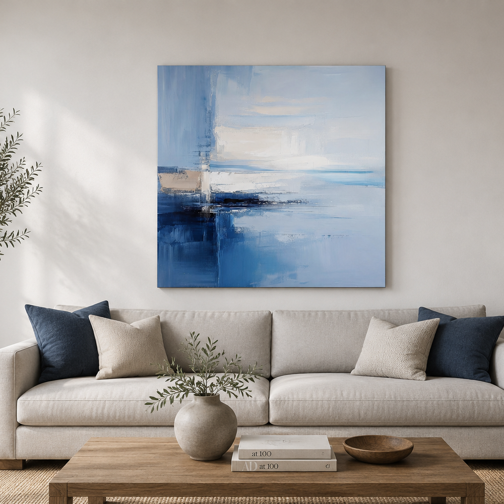 Living room wall art centered at eye level with hanging-height measurements