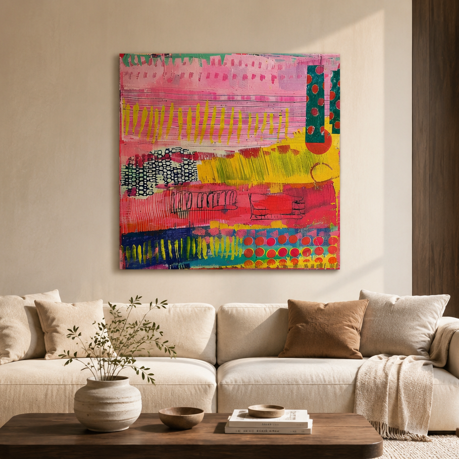 Hot pink and coral Pop Art above a sofa in a modern living room