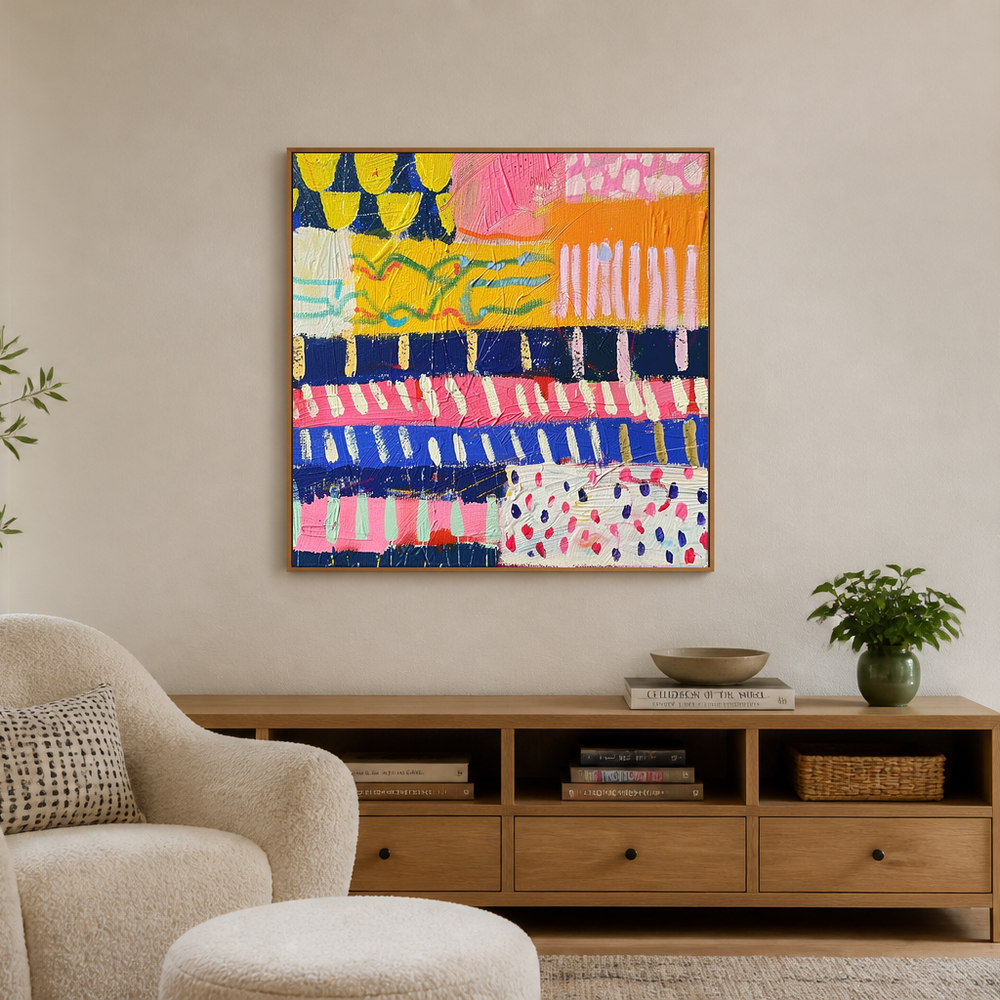 Square yellow orange pink and navy abstract AB680 in a warm modern reading room