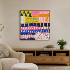 Square yellow orange pink and navy abstract AB680 in a warm modern reading room