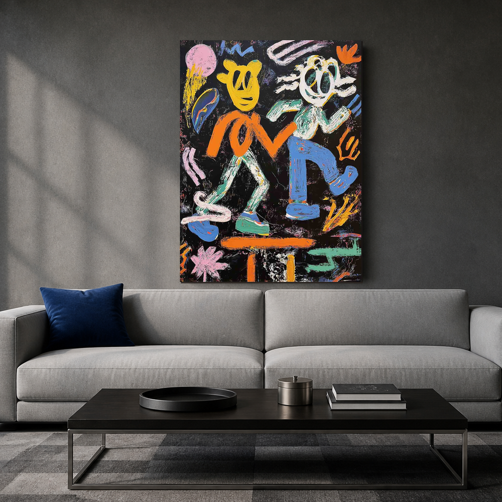 Yellow blue and orange figurative Pop Art AB770 on a charcoal living room wall