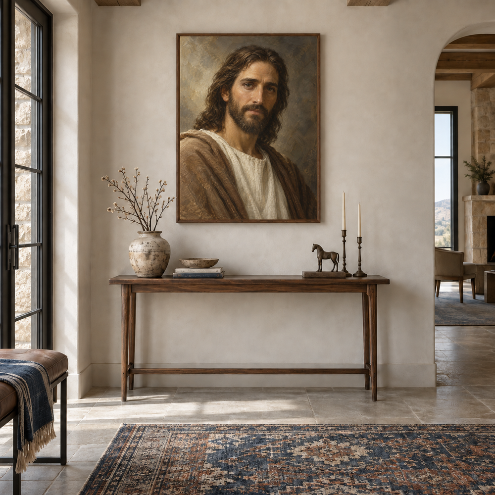 Jesus in Quiet Light oil painting displayed in a entryway