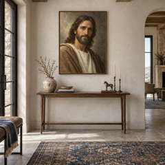 Jesus in Quiet Light oil painting displayed in a entryway