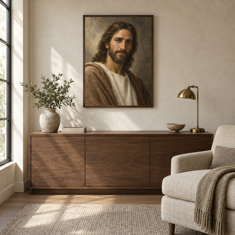 Jesus in Quiet Light oil painting displayed in a quiet reading and prayer corner