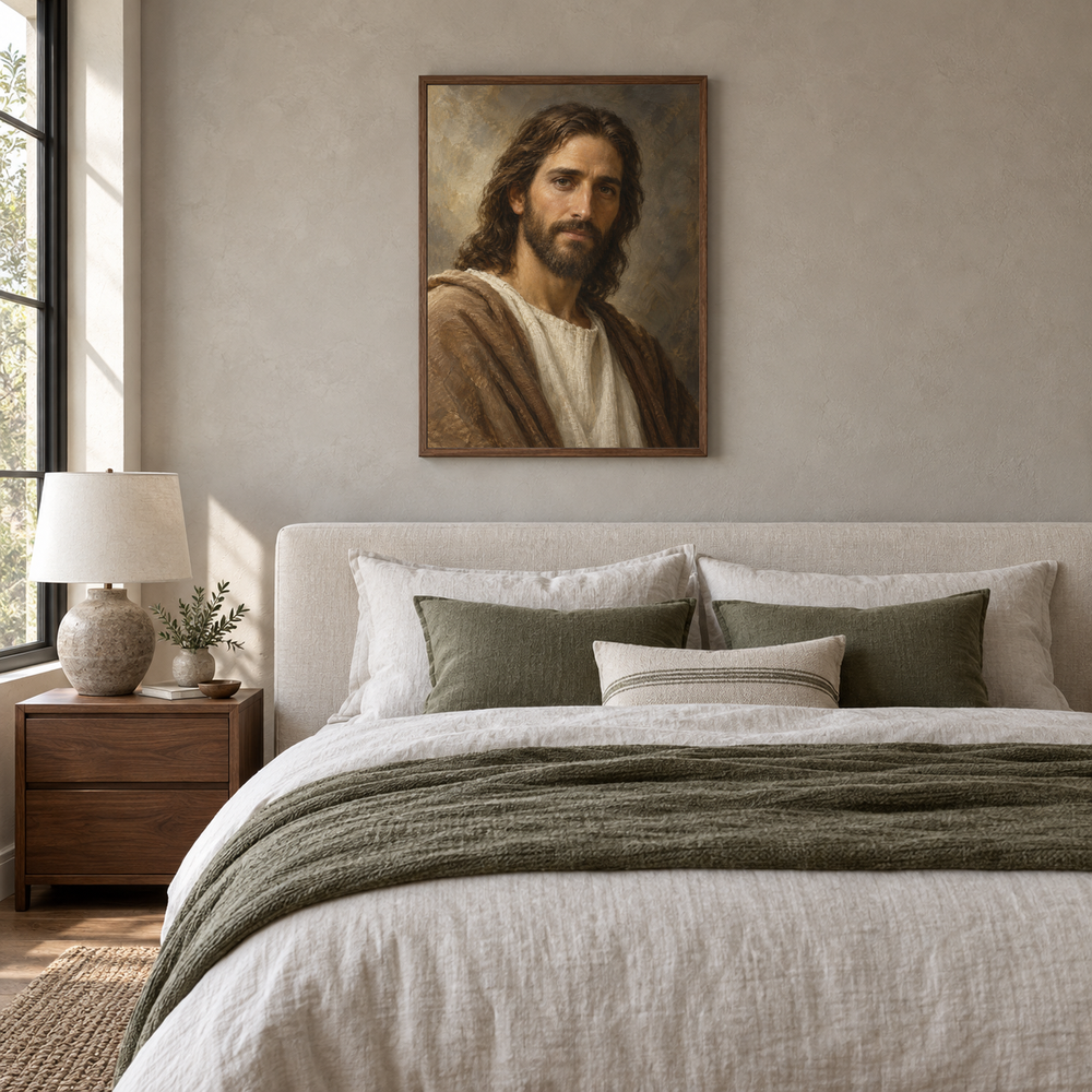 Jesus in Quiet Light oil painting displayed in a neutral bedroom