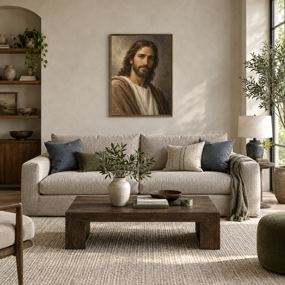 Jesus in Quiet Light oil painting displayed in a modern living room