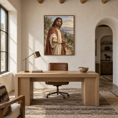 Come Follow Me oil painting displayed in a study