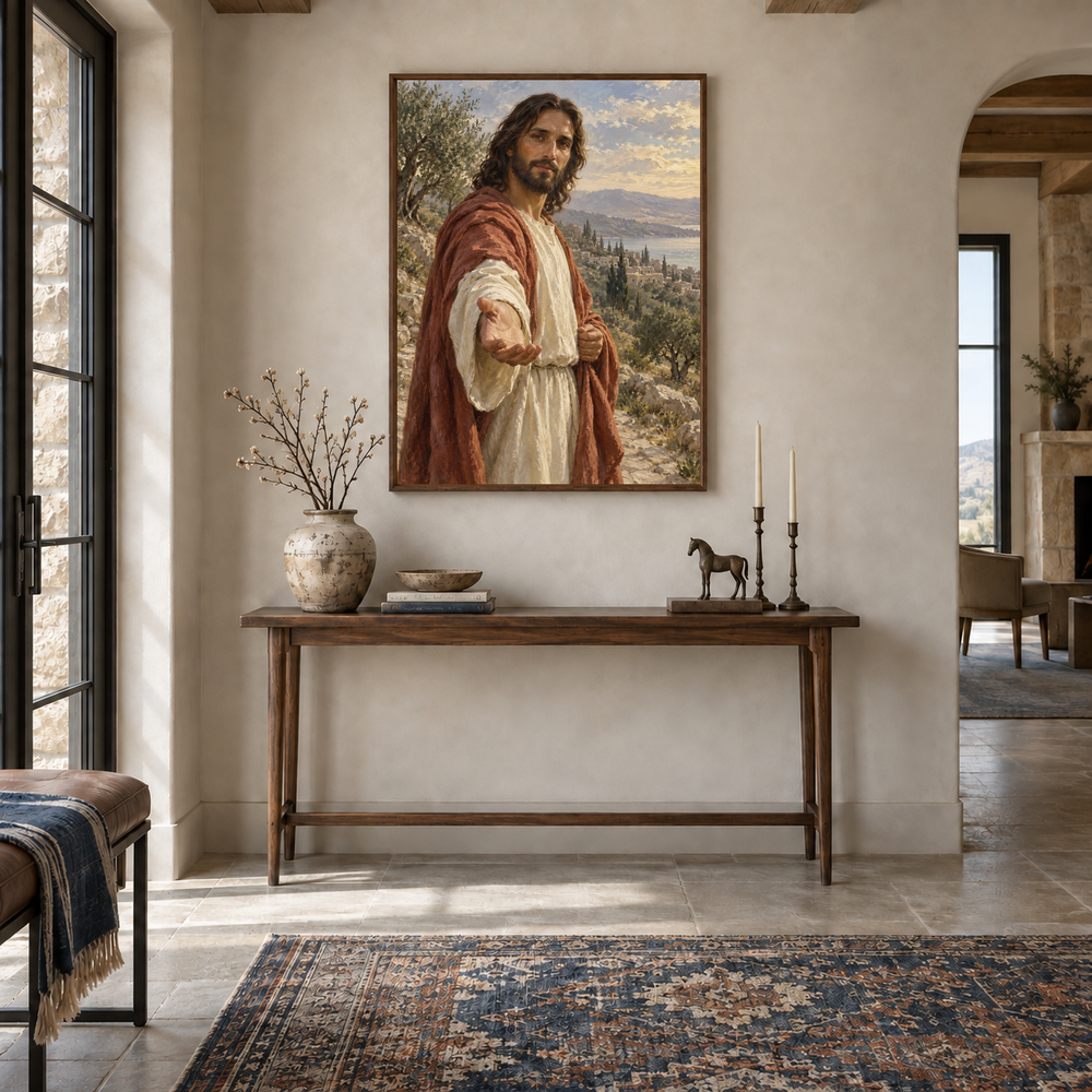 Come Follow Me oil painting displayed in a entryway