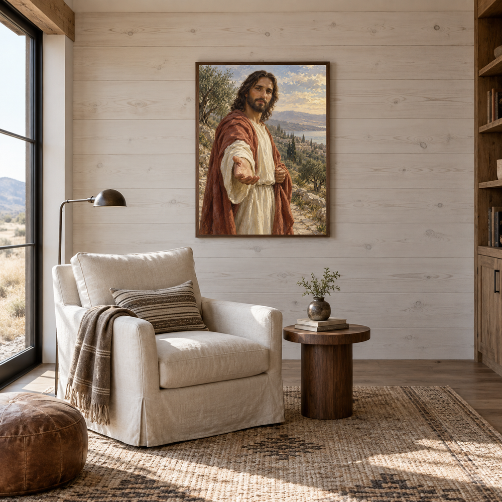 Come Follow Me oil painting displayed in a reading room