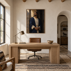 Light of the World oil painting displayed in a study