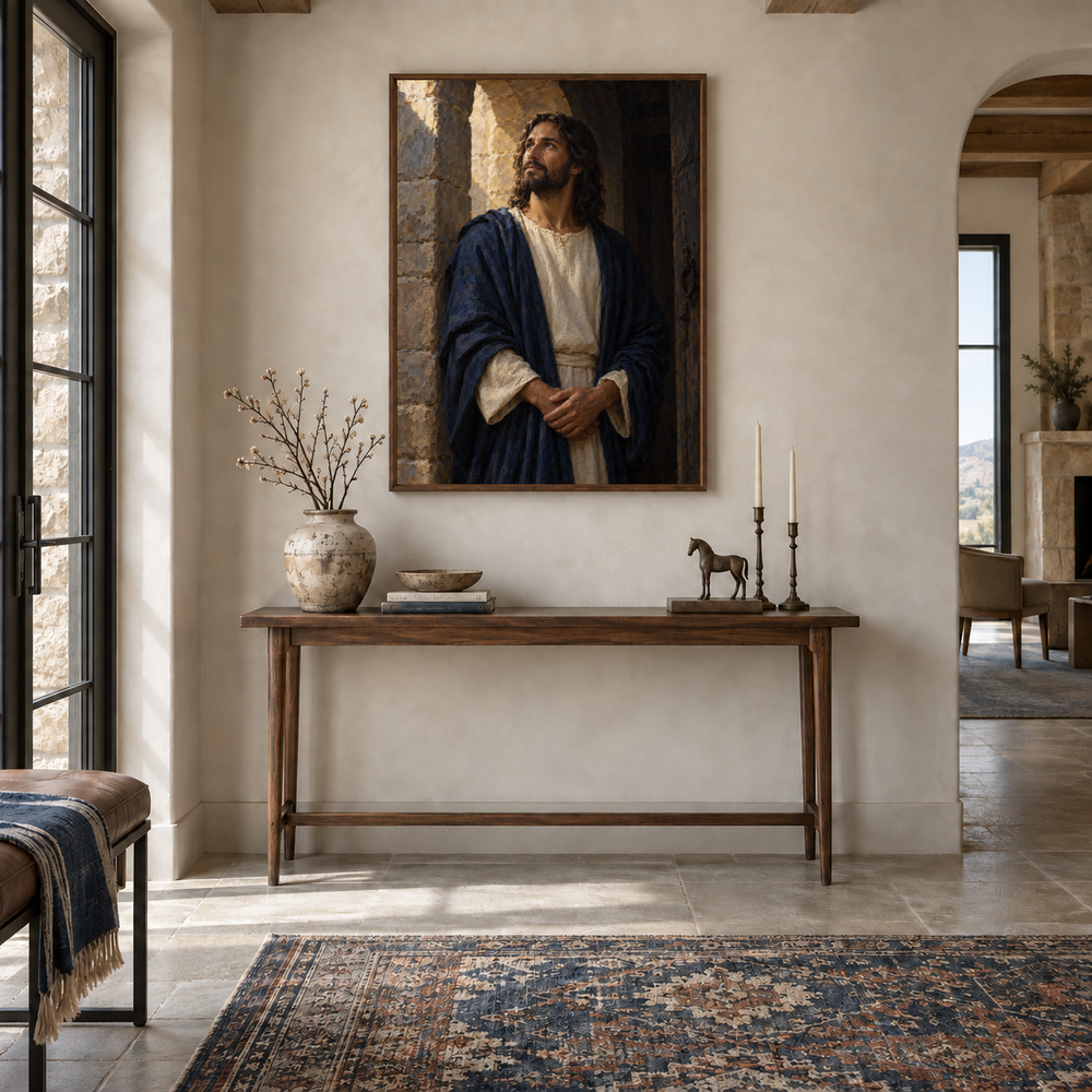 Light of the World oil painting displayed in a entryway