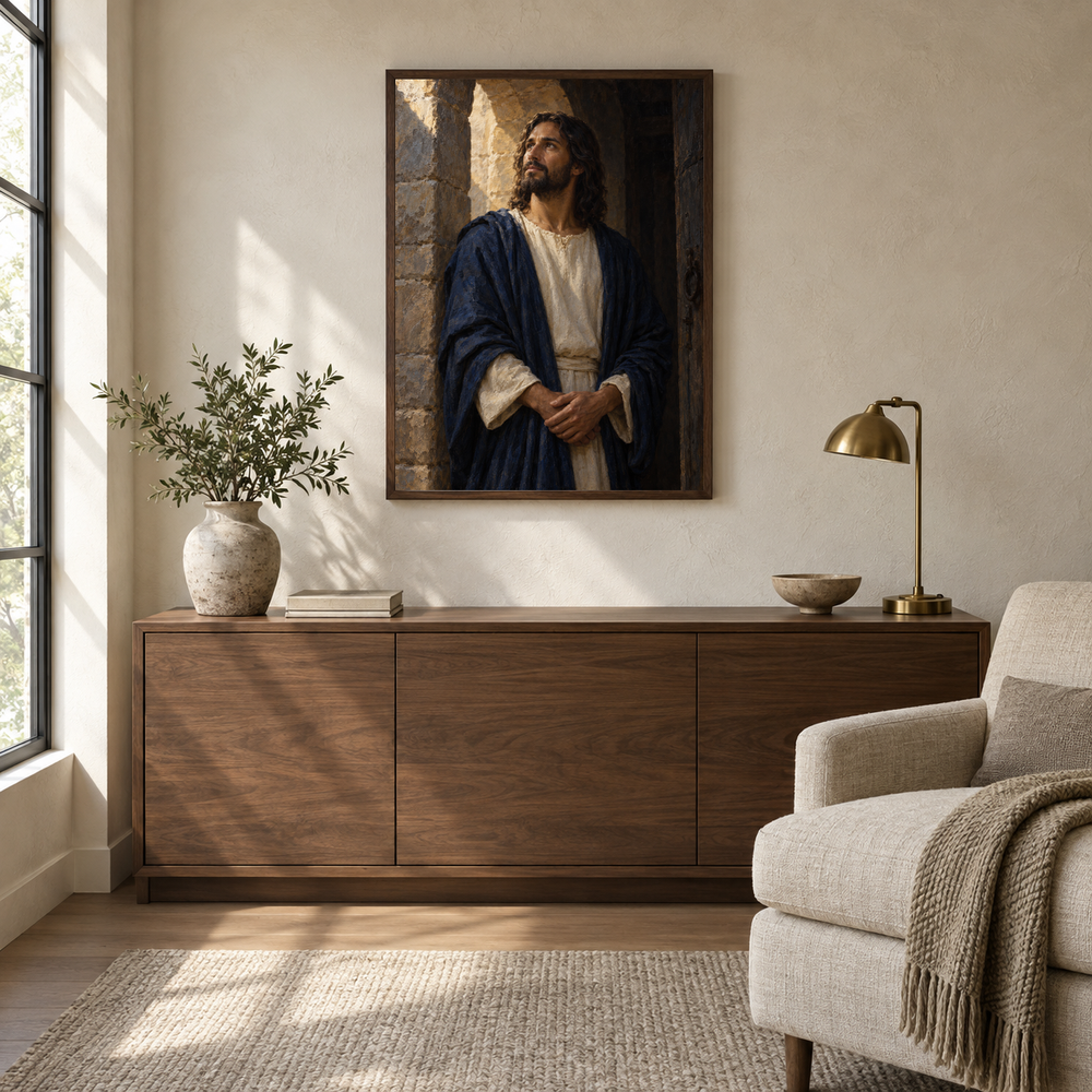 Light of the World oil painting displayed in a quiet reading and prayer corner