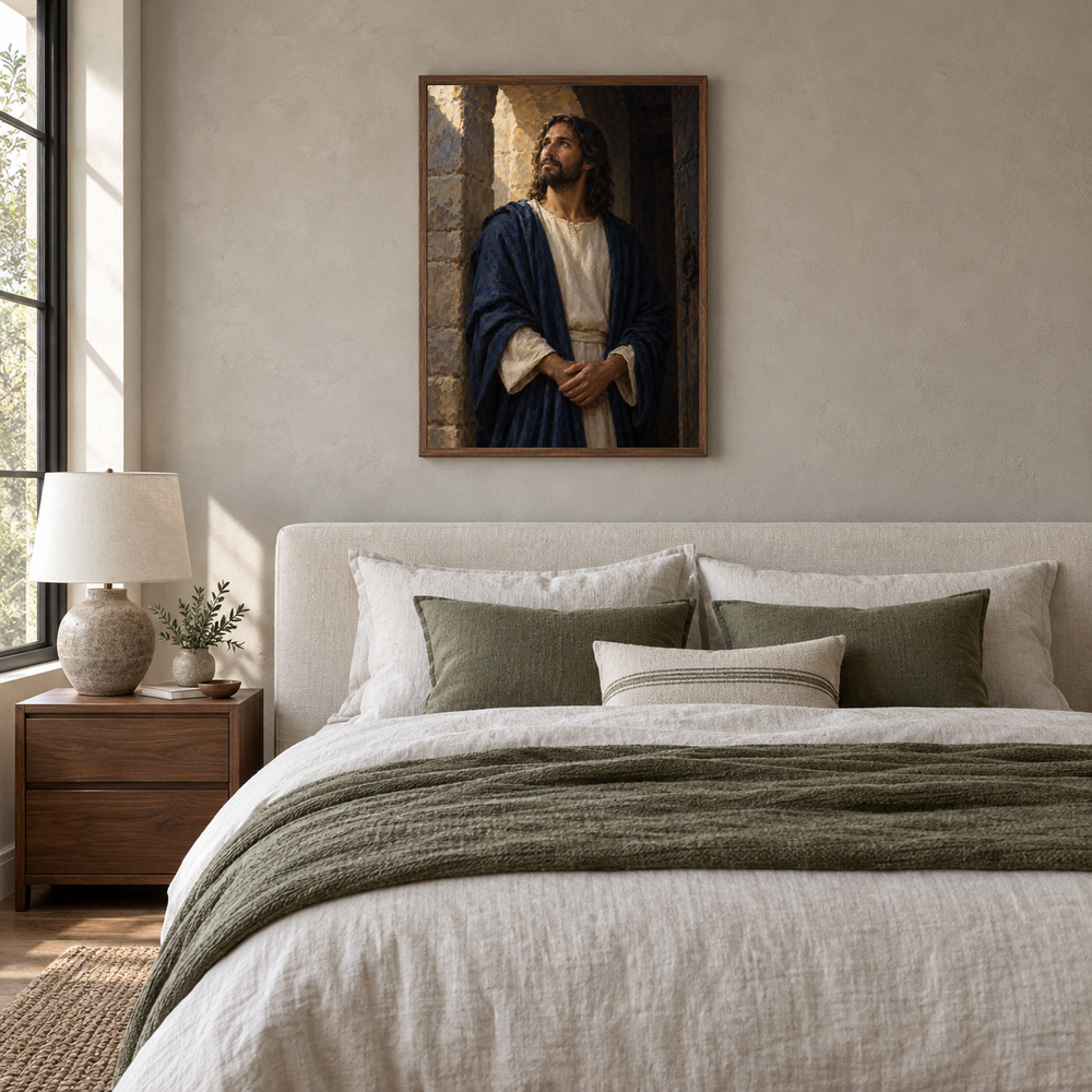 Light of the World oil painting displayed in a neutral bedroom