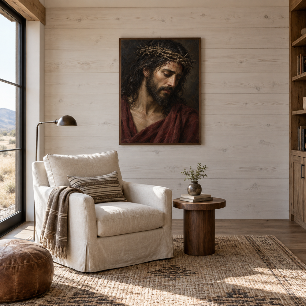 Crown of Thorns oil painting displayed in a reading room