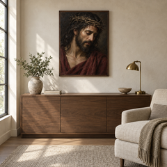 Crown of Thorns oil painting displayed in a quiet reading and prayer corner