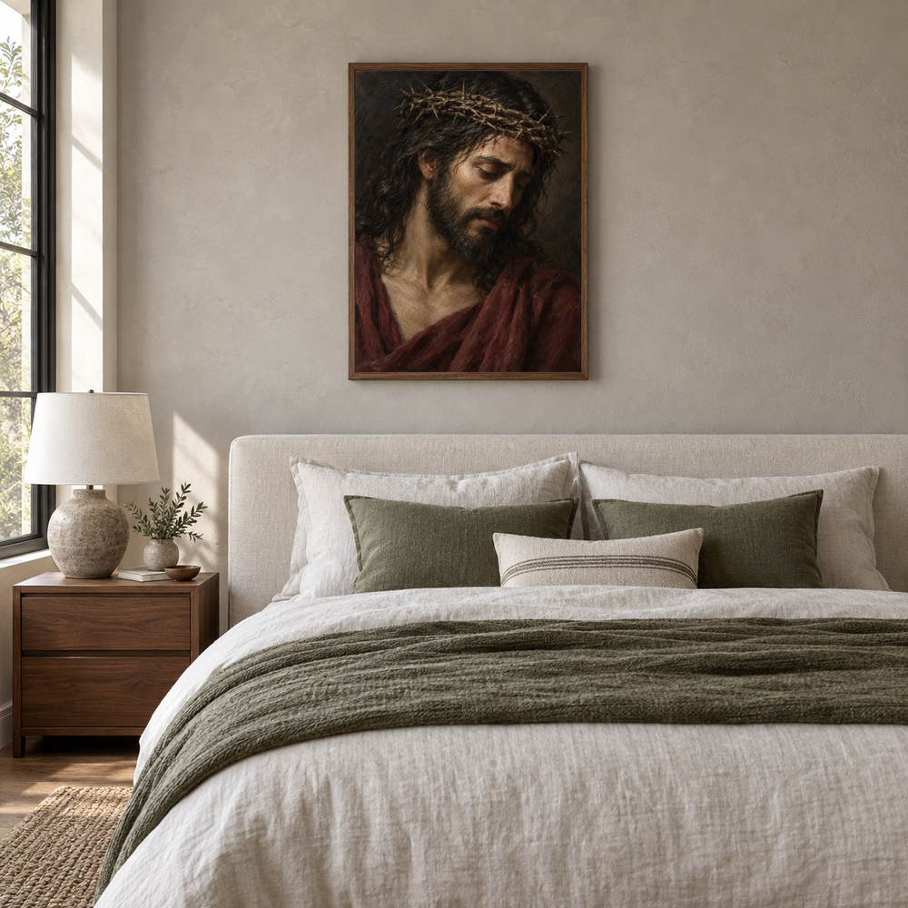 Crown of Thorns oil painting displayed in a neutral bedroom