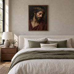 Crown of Thorns oil painting displayed in a neutral bedroom