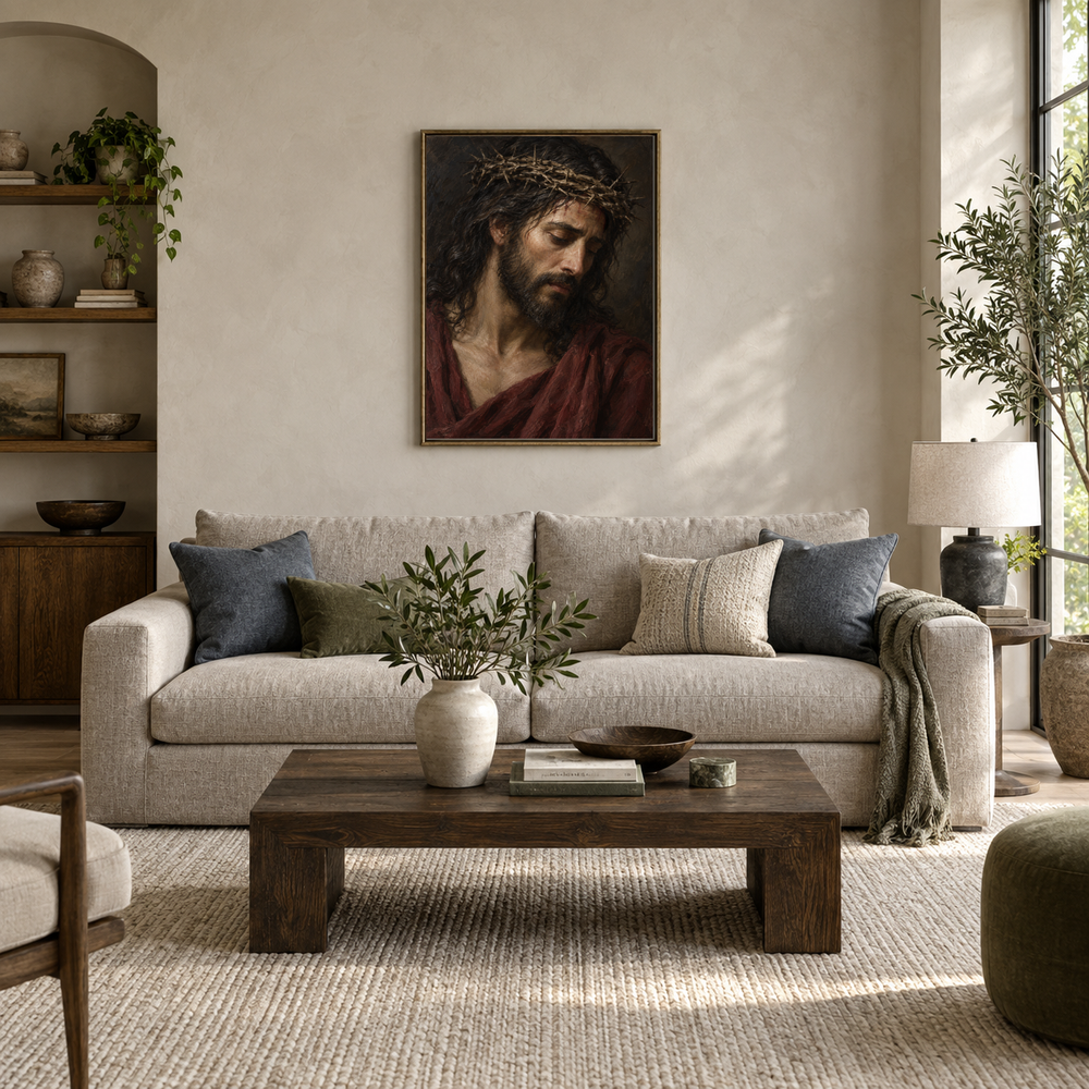 Crown of Thorns oil painting displayed in a modern living room