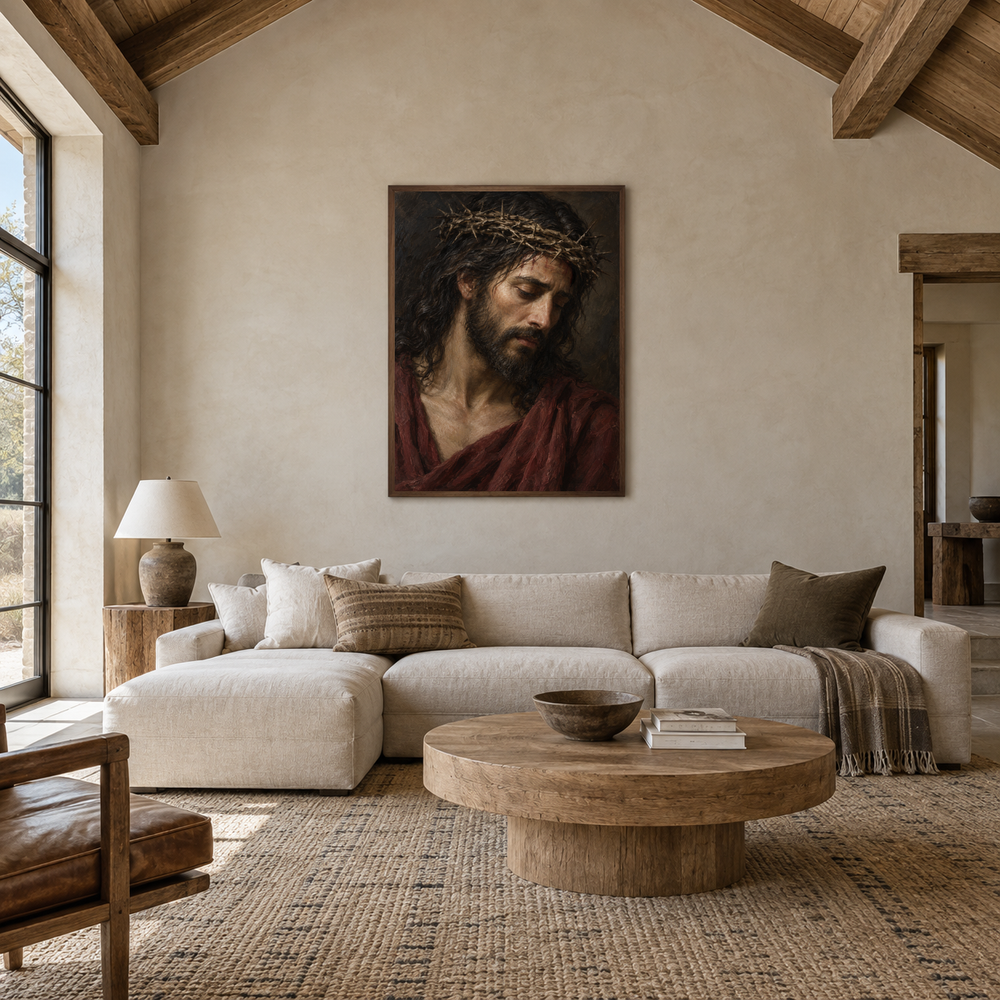 Crown of Thorns oil painting displayed in a living room