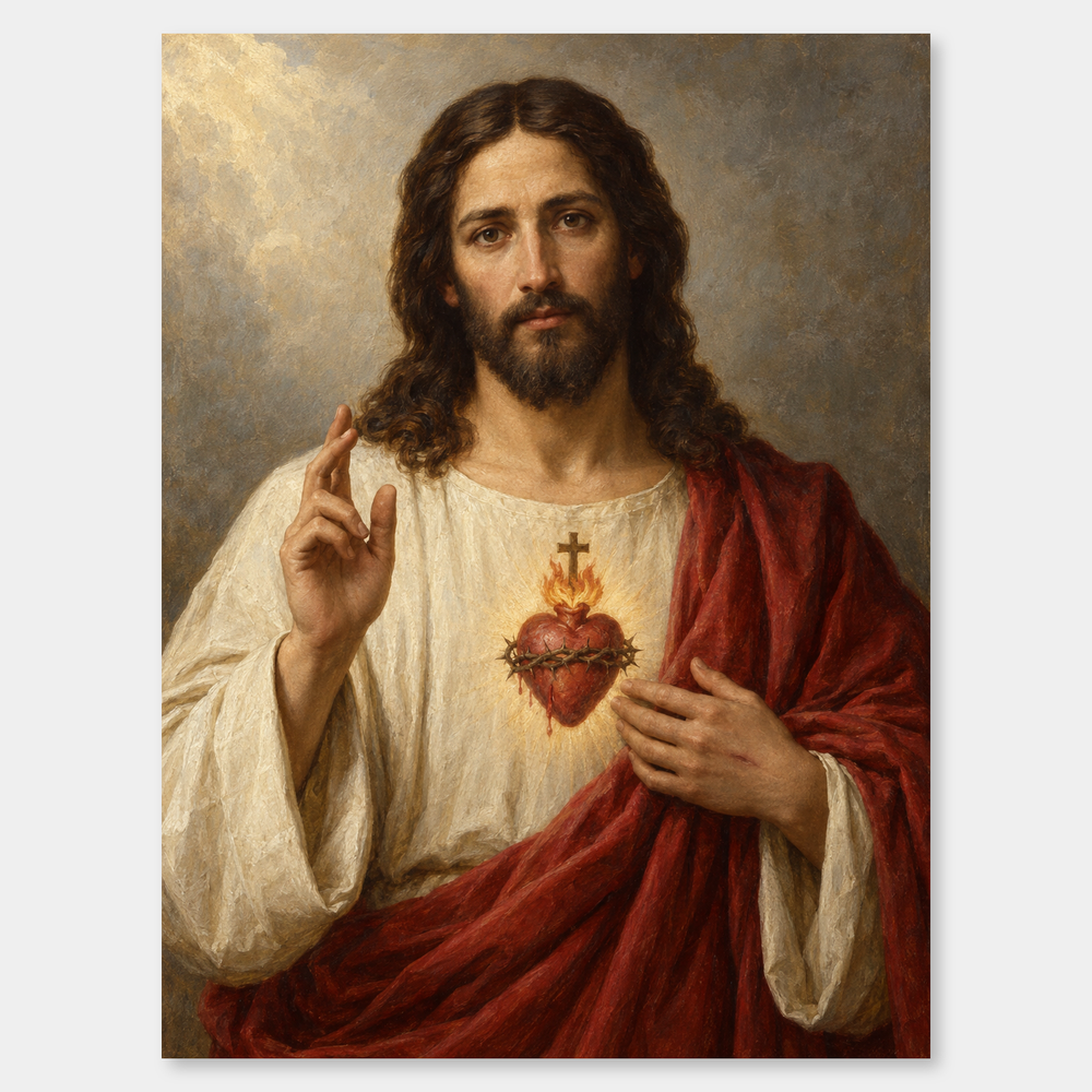 Sacred Heart of Jesus – Catholic Oil Painting on a neutral gray background