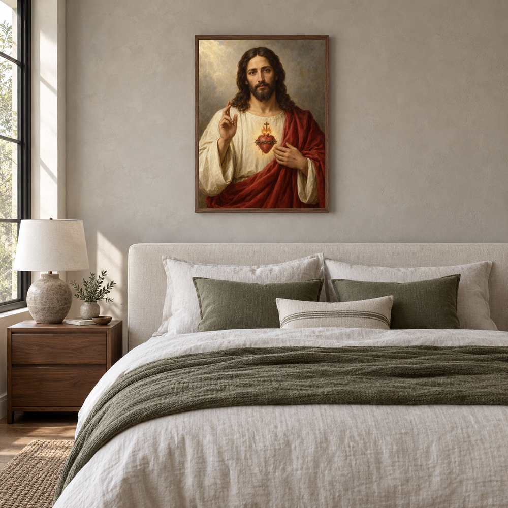 Sacred Heart of Jesus oil painting displayed in a neutral bedroom