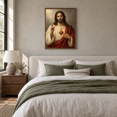 Sacred Heart of Jesus oil painting displayed in a neutral bedroom
