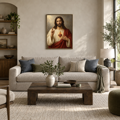 Sacred Heart of Jesus oil painting displayed in a modern living room
