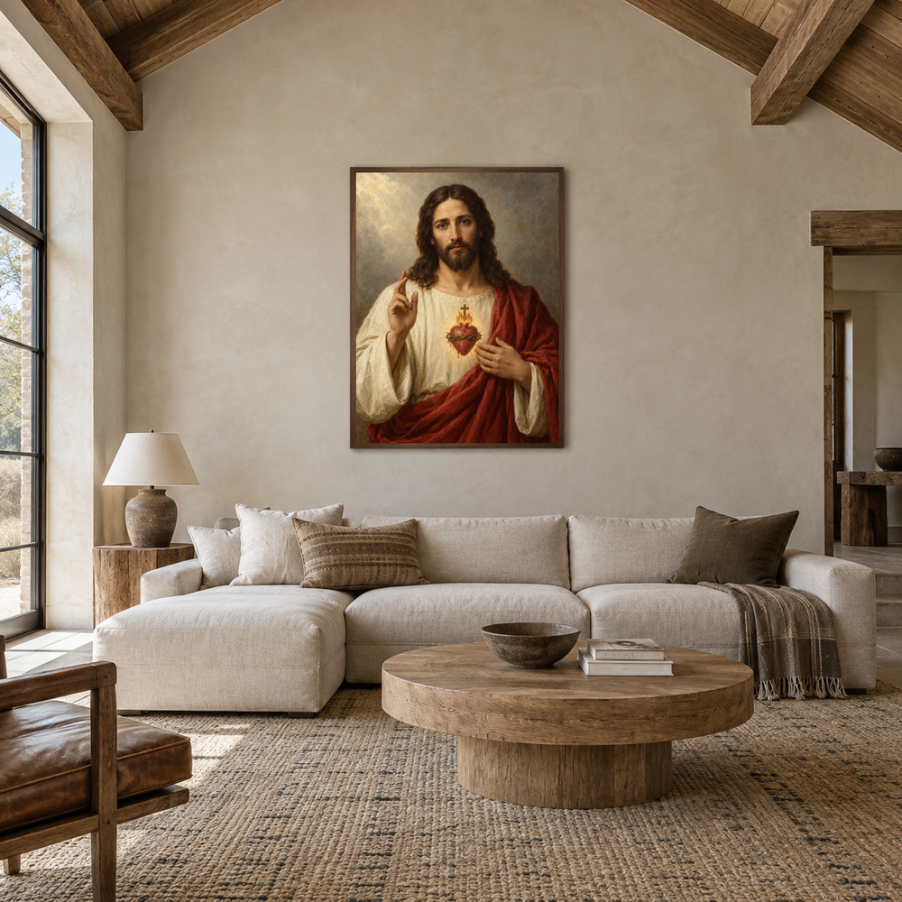 Sacred Heart of Jesus oil painting displayed in a living room