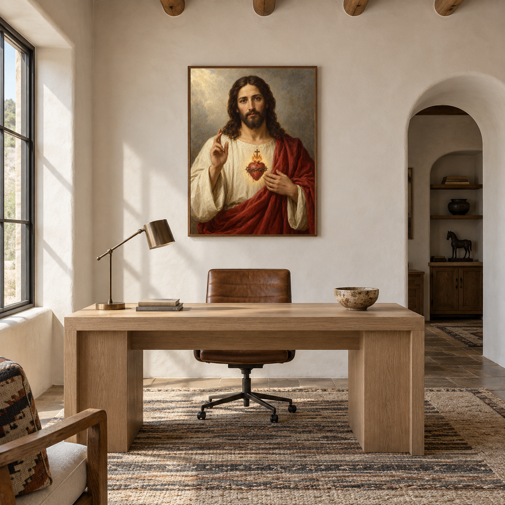 Sacred Heart of Jesus oil painting displayed in a study