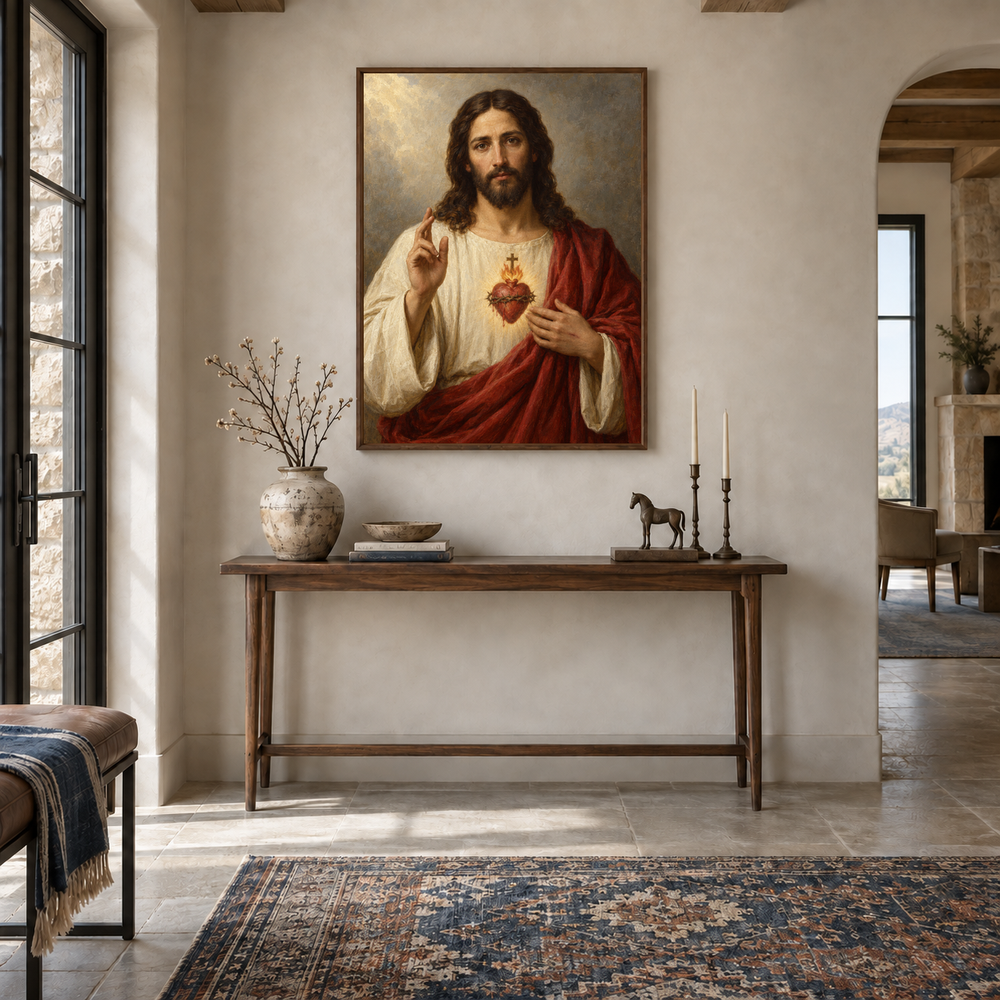Sacred Heart of Jesus oil painting displayed in a entryway