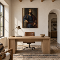 Christ the King oil painting displayed in a study
