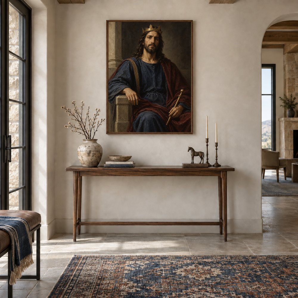 Christ the King oil painting displayed in a entryway