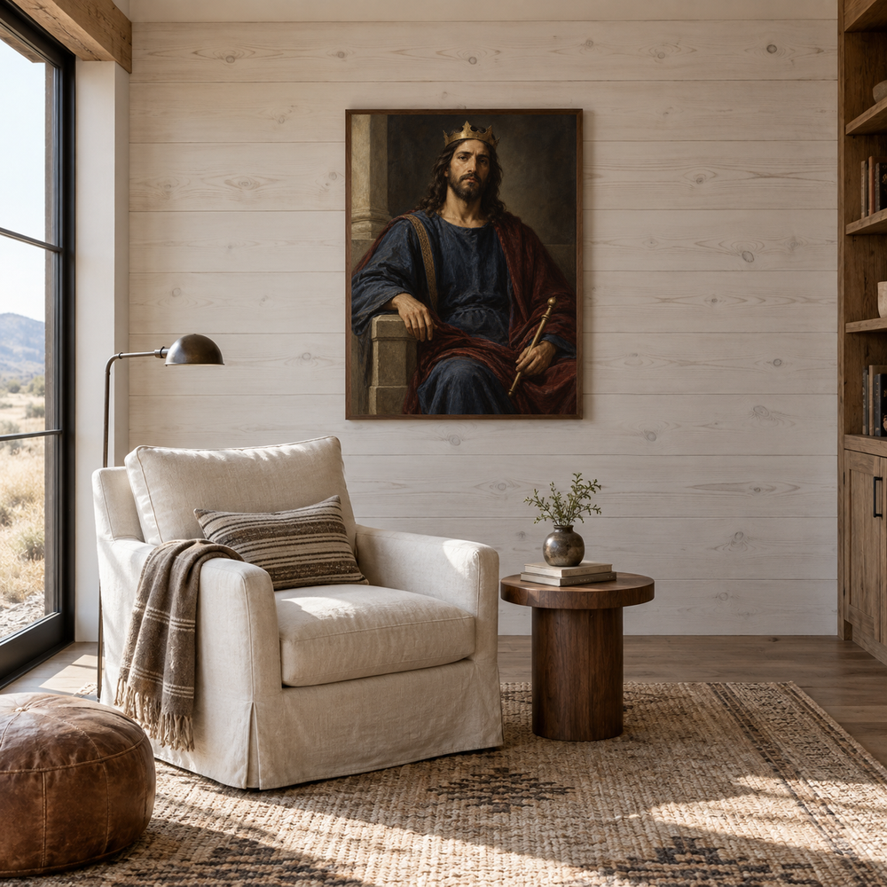 Christ the King oil painting displayed in a reading room