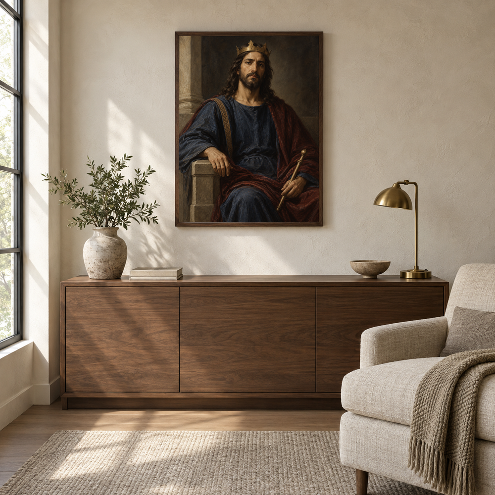 Christ the King oil painting displayed in a quiet reading and prayer corner