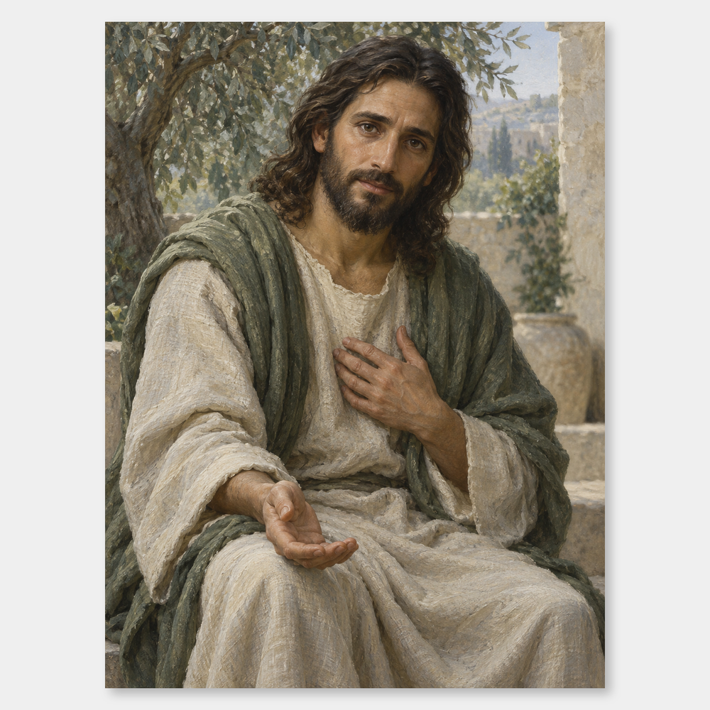 Merciful Jesus – Compassionate Christ Painting on a neutral gray background