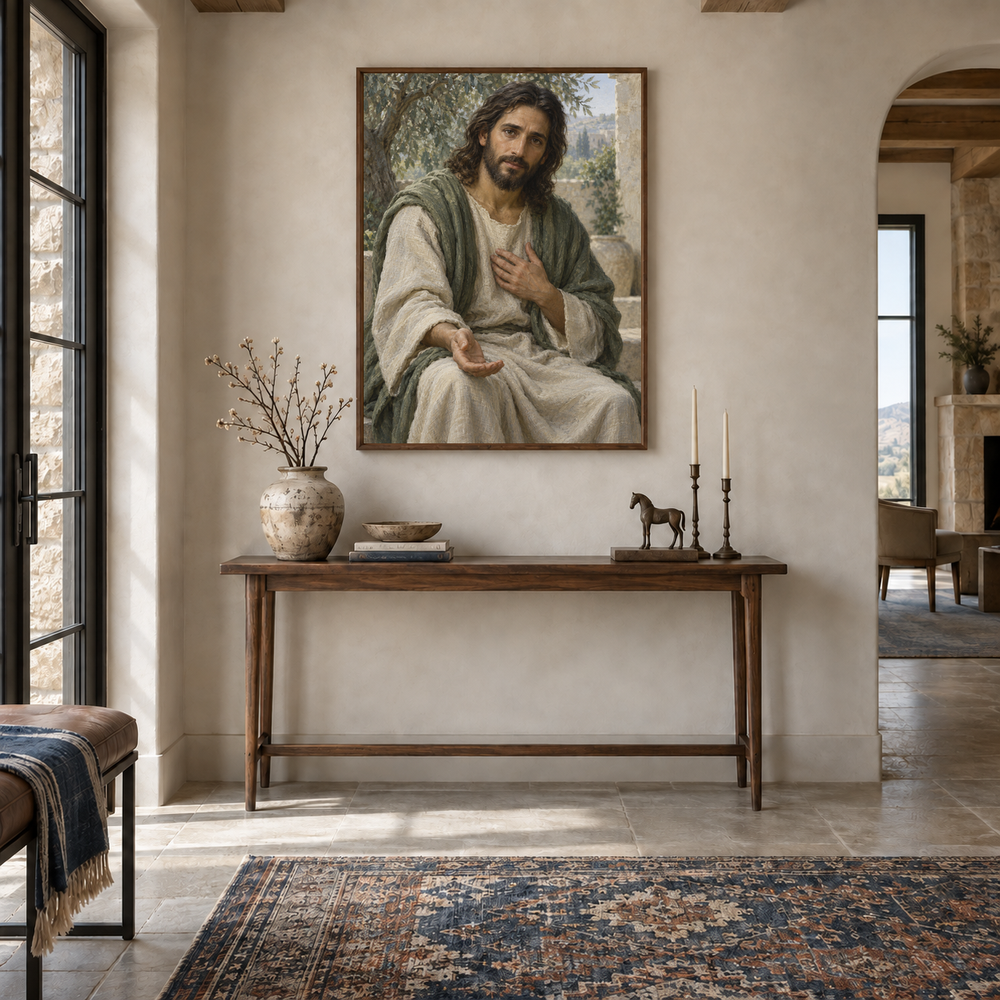 Merciful Jesus oil painting displayed in a entryway