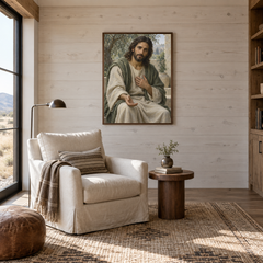 Merciful Jesus oil painting displayed in a reading room