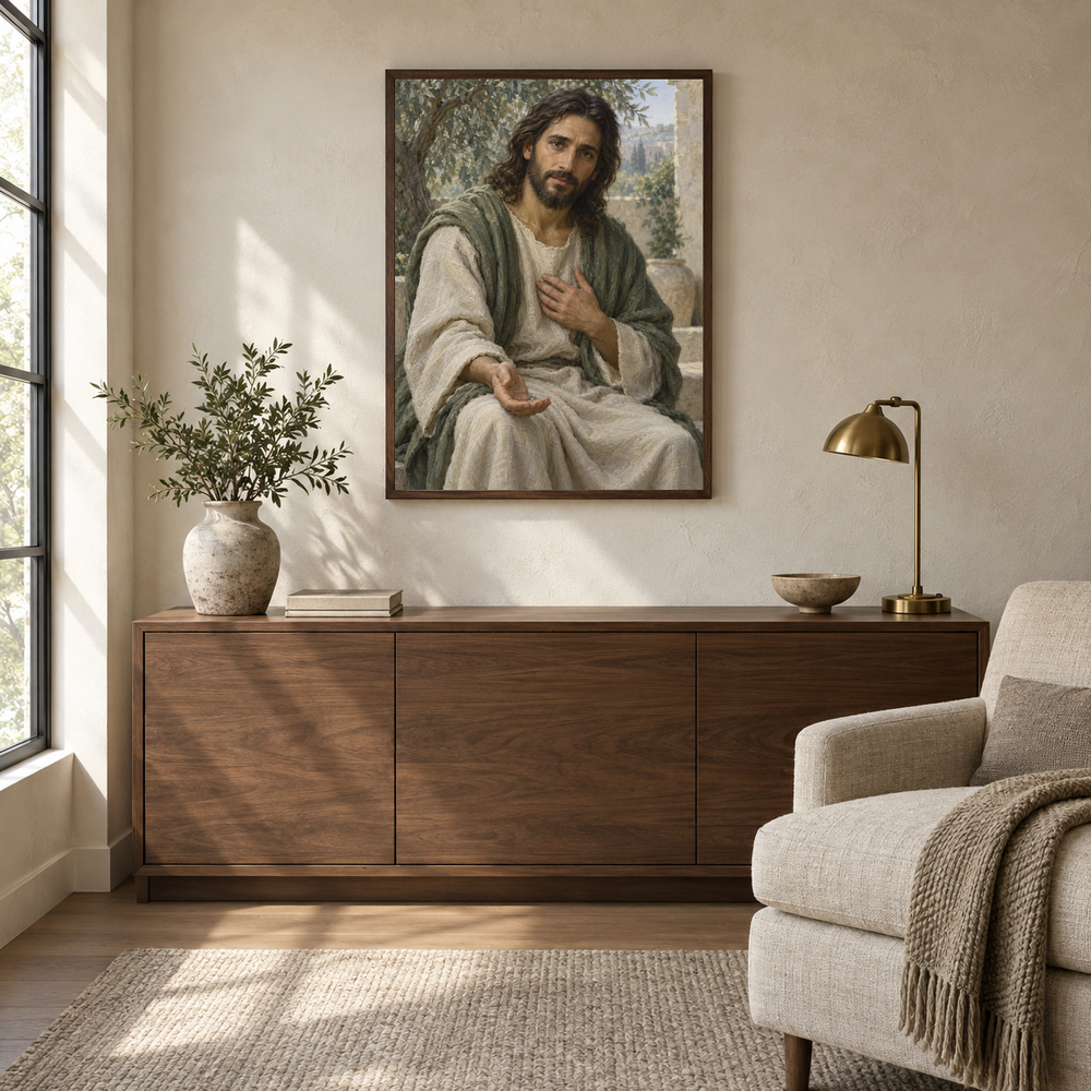 Merciful Jesus oil painting displayed in a quiet reading and prayer corner