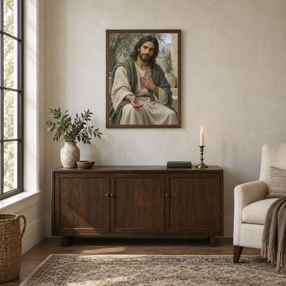 Merciful Jesus oil painting displayed in a walnut prayer and reading alcove