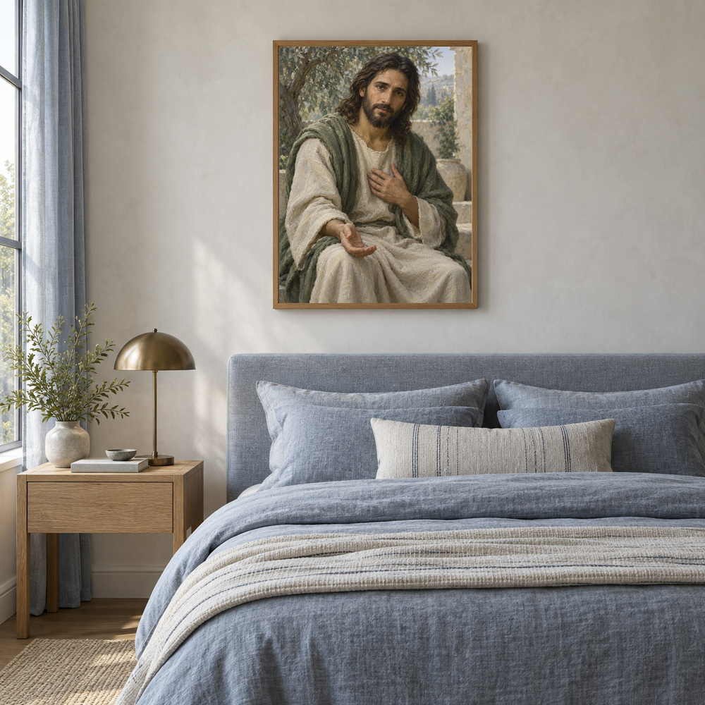 Merciful Jesus oil painting displayed in a blue linen bedroom