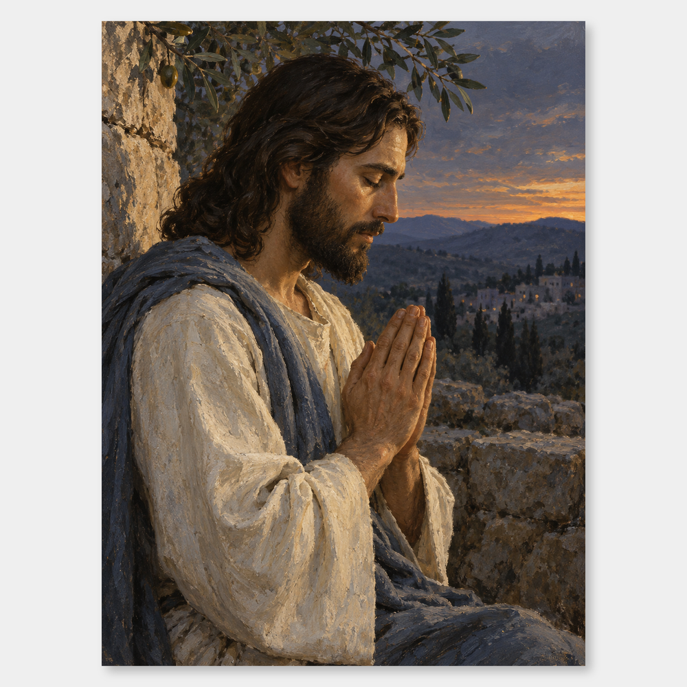 Jesus in Prayer – Twilight Oil Painting on a neutral gray background