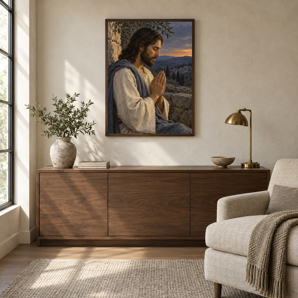 Jesus in Prayer oil painting displayed in a quiet reading and prayer corner