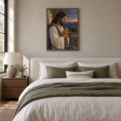 Jesus in Prayer oil painting displayed in a neutral bedroom