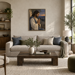 Jesus in Prayer oil painting displayed in a modern living room
