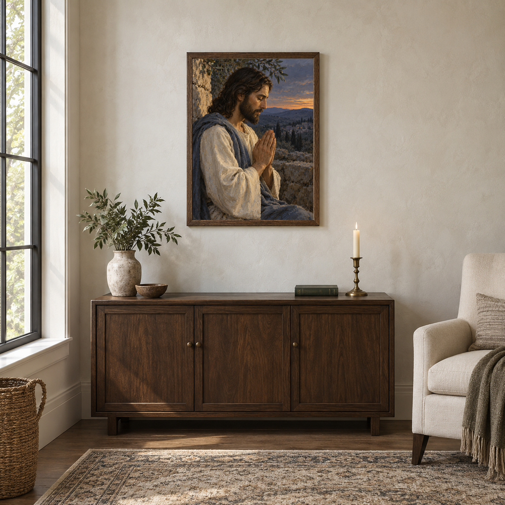 Jesus in Prayer oil painting displayed in a walnut prayer and reading alcove