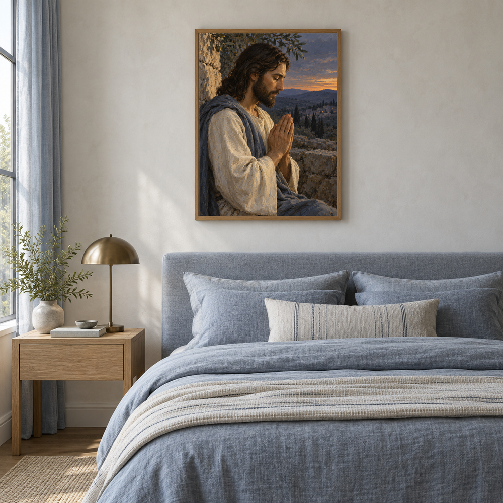 Jesus in Prayer oil painting displayed in a blue linen bedroom