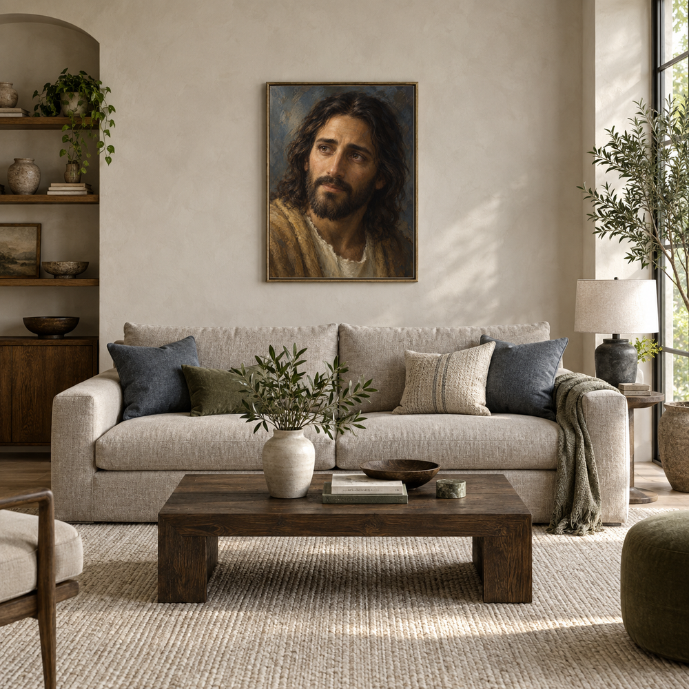 Compassion of Christ oil painting displayed in a modern living room