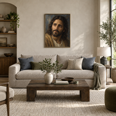 Compassion of Christ oil painting displayed in a modern living room