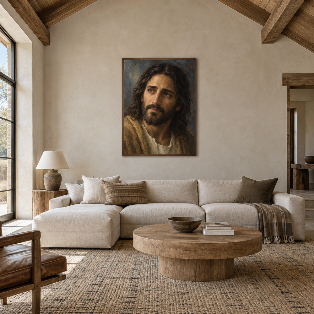 Compassion of Christ oil painting displayed in a living room