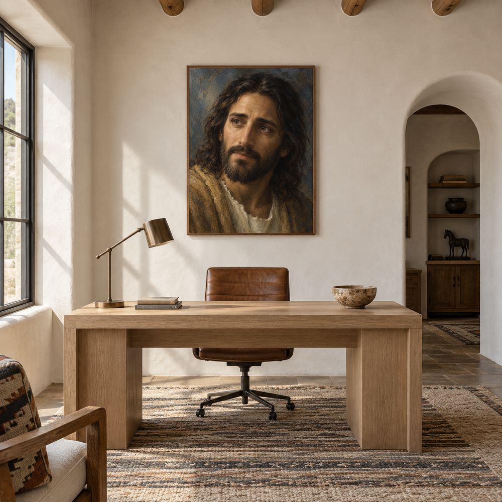 Compassion of Christ oil painting displayed in a study
